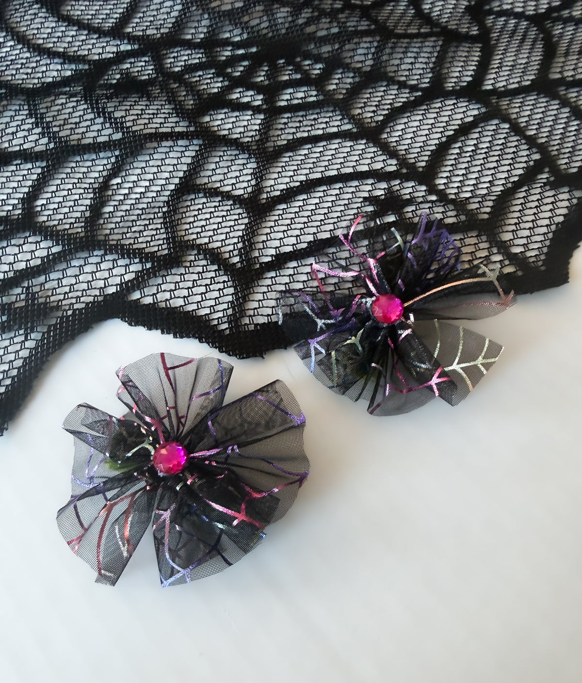 Spider Web Pink Gem Tulle Pigtail Bows - Alligator Clips