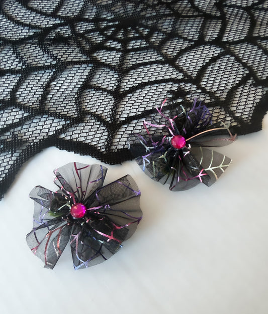 Spider Web Pink Gem Tulle Pigtail Bows - Alligator Clips