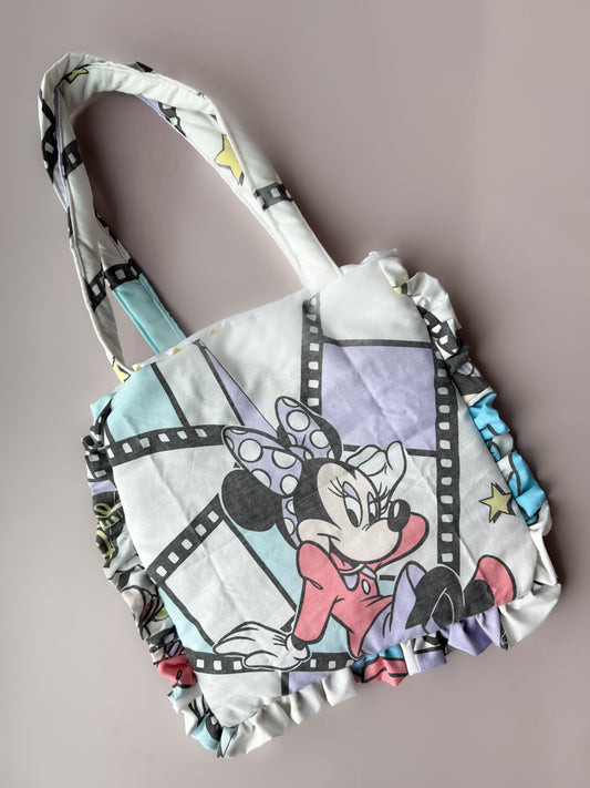 Media Minnie Treasure Tote  with Ruffle & Padded Straps 16" x 16" - Refashioned 90'S Sheet (Copy)