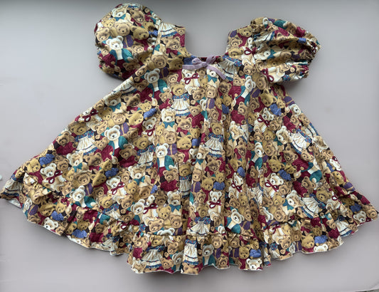 Vintage Teddy Bear - Poppy Dress with Puff Sleeves & Ruffle Hem Size 4-6